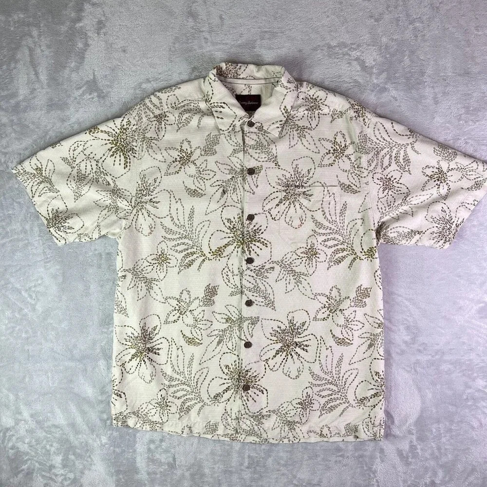 Tommy Bahama Tropical Shirt Men's Large‎ Tan Botanical Floral Beachy Vacation